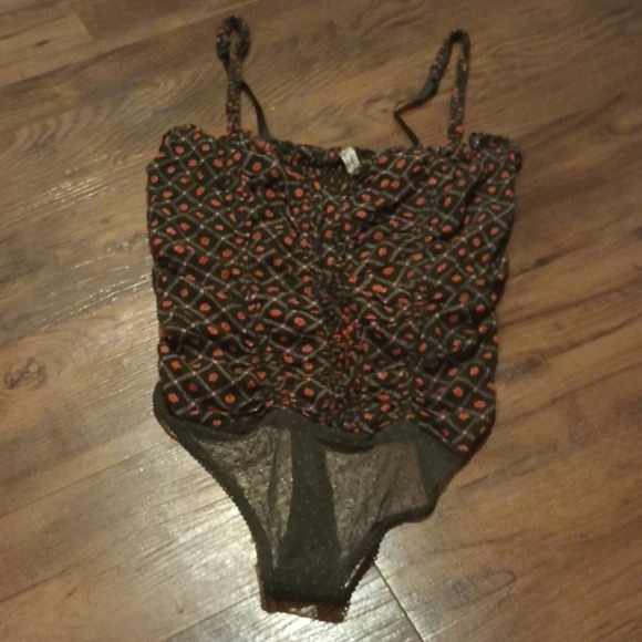 Free People Green Floral Gathered Corset Fit Spaghetti Strap Bodysuit A36 - Picture 1 of 6